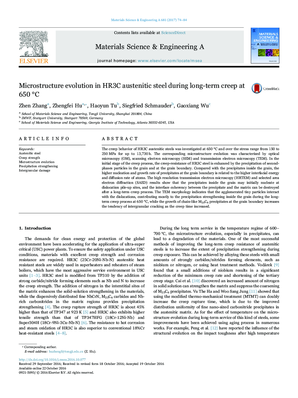 Microstructure evolution in HR3C austenitic steel during long-term creep at 650Â Â°C