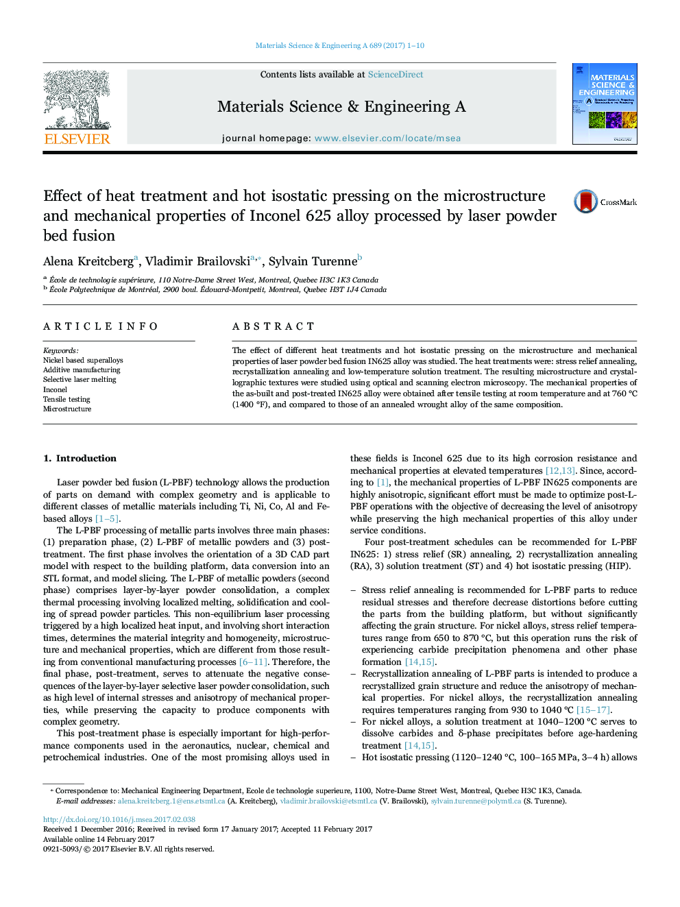 Effect of heat treatment and hot isostatic pressing on the microstructure and mechanical properties of Inconel 625 alloy processed by laser powder bed fusion