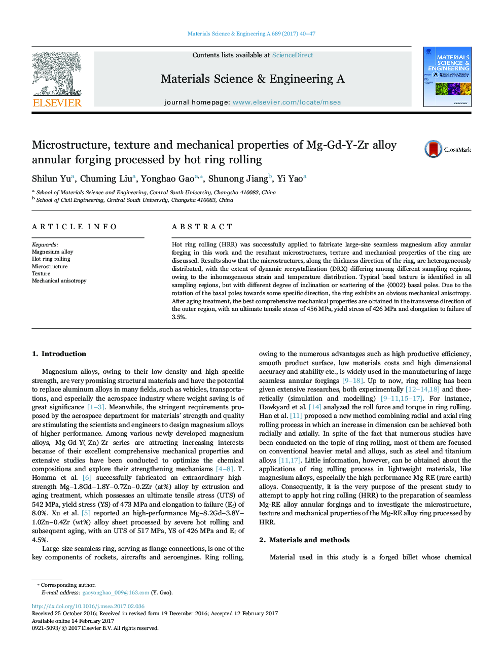 Microstructure, texture and mechanical properties of Mg-Gd-Y-Zr alloy annular forging processed by hot ring rolling