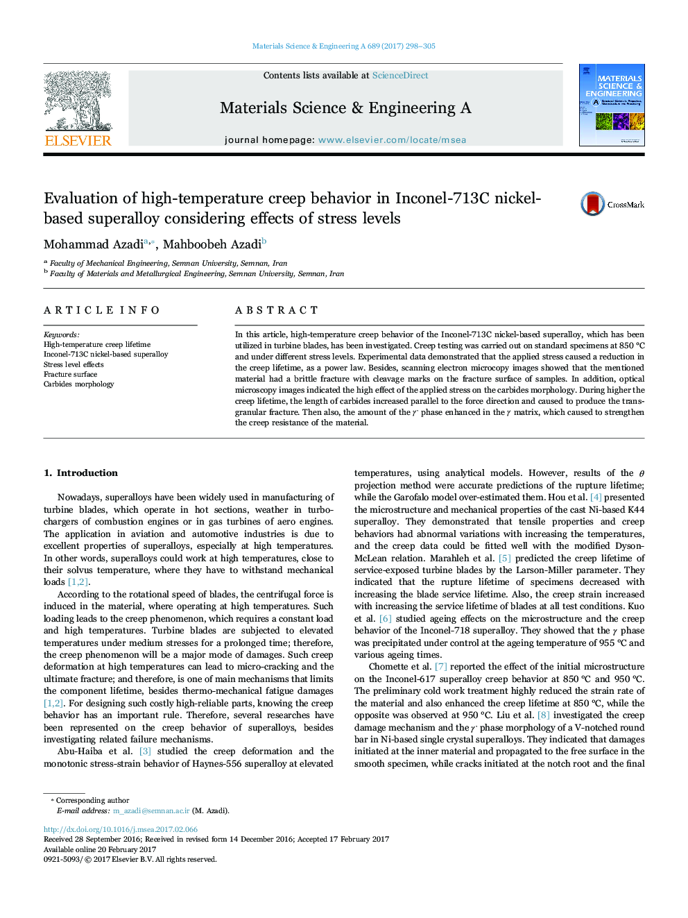 Evaluation of high-temperature creep behavior in Inconel-713C nickel-based superalloy considering effects of stress levels