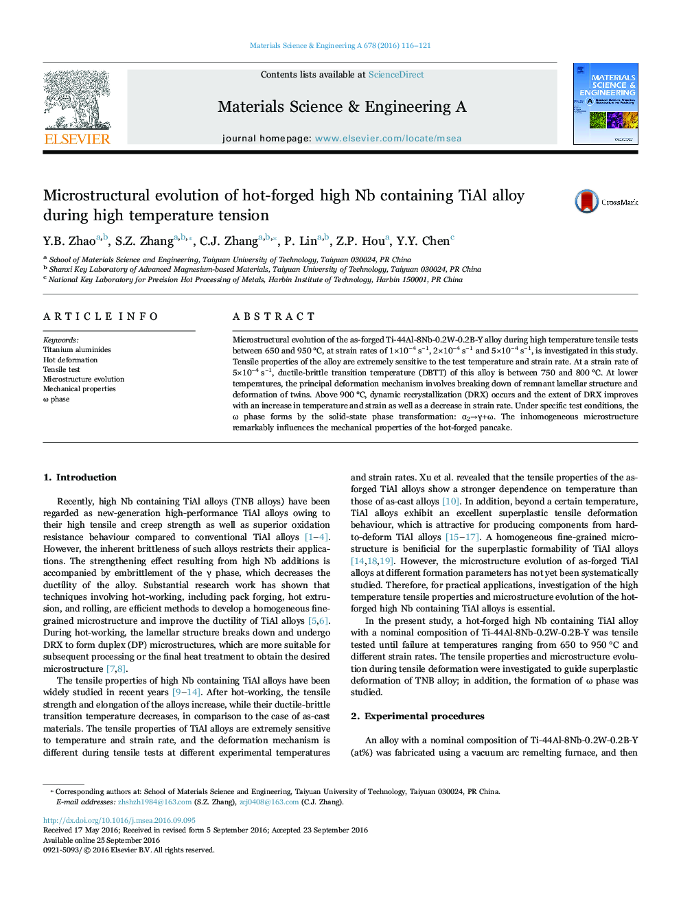 Microstructural evolution of hot-forged high Nb containing TiAl alloy during high temperature tension