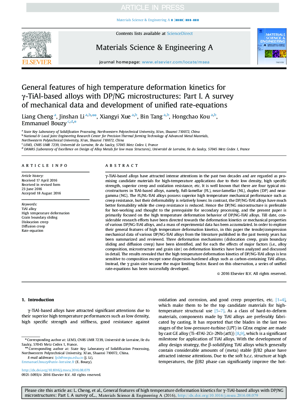 General features of high temperature deformation kinetics for Î³-TiAl-based alloys with DP/NG microstructures: Part I. A survey of mechanical data and development of unified rate-equations