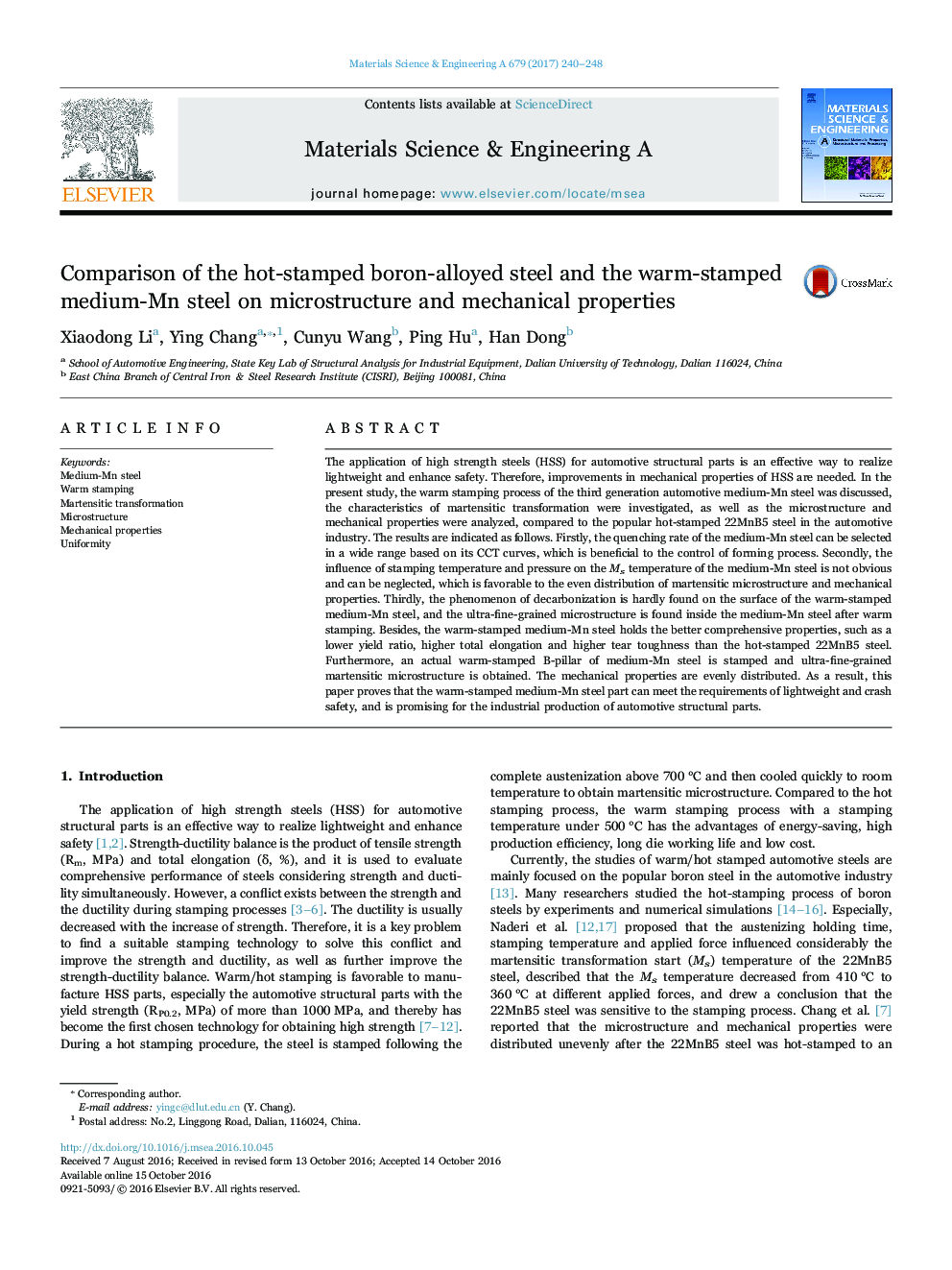 Comparison of the hot-stamped boron-alloyed steel and the warm-stamped medium-Mn steel on microstructure and mechanical properties