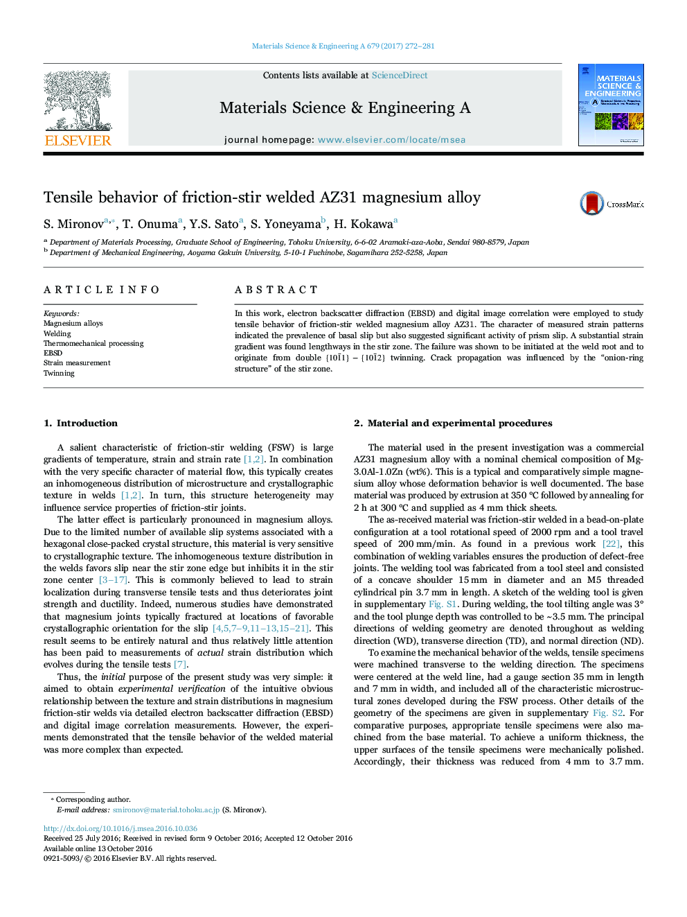 Tensile behavior of friction-stir welded AZ31 magnesium alloy