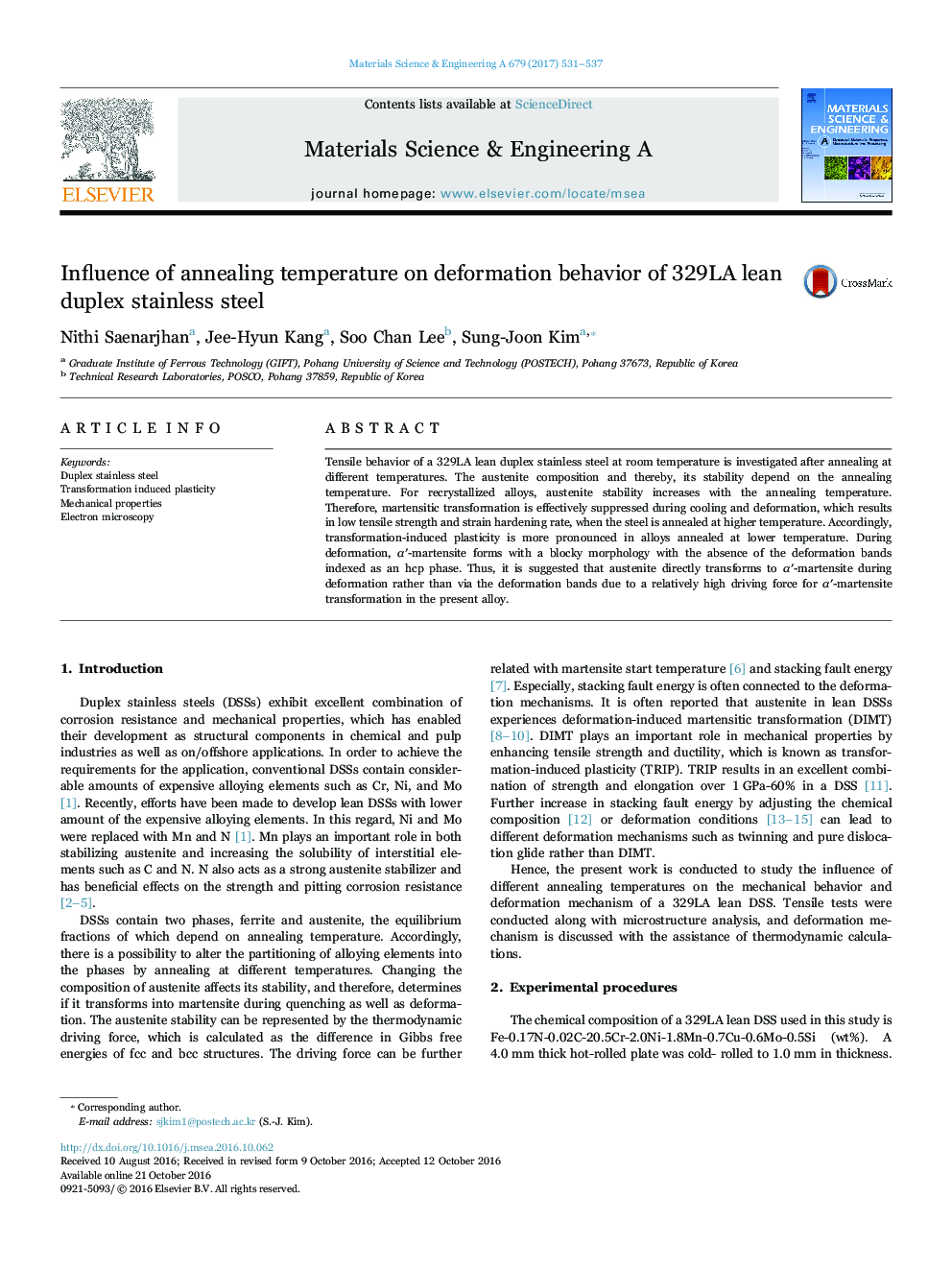 Influence of annealing temperature on deformation behavior of 329LA lean duplex stainless steel