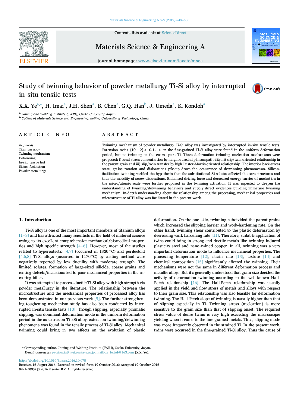 Study of twinning behavior of powder metallurgy Ti-Si alloy by interrupted in-situ tensile tests