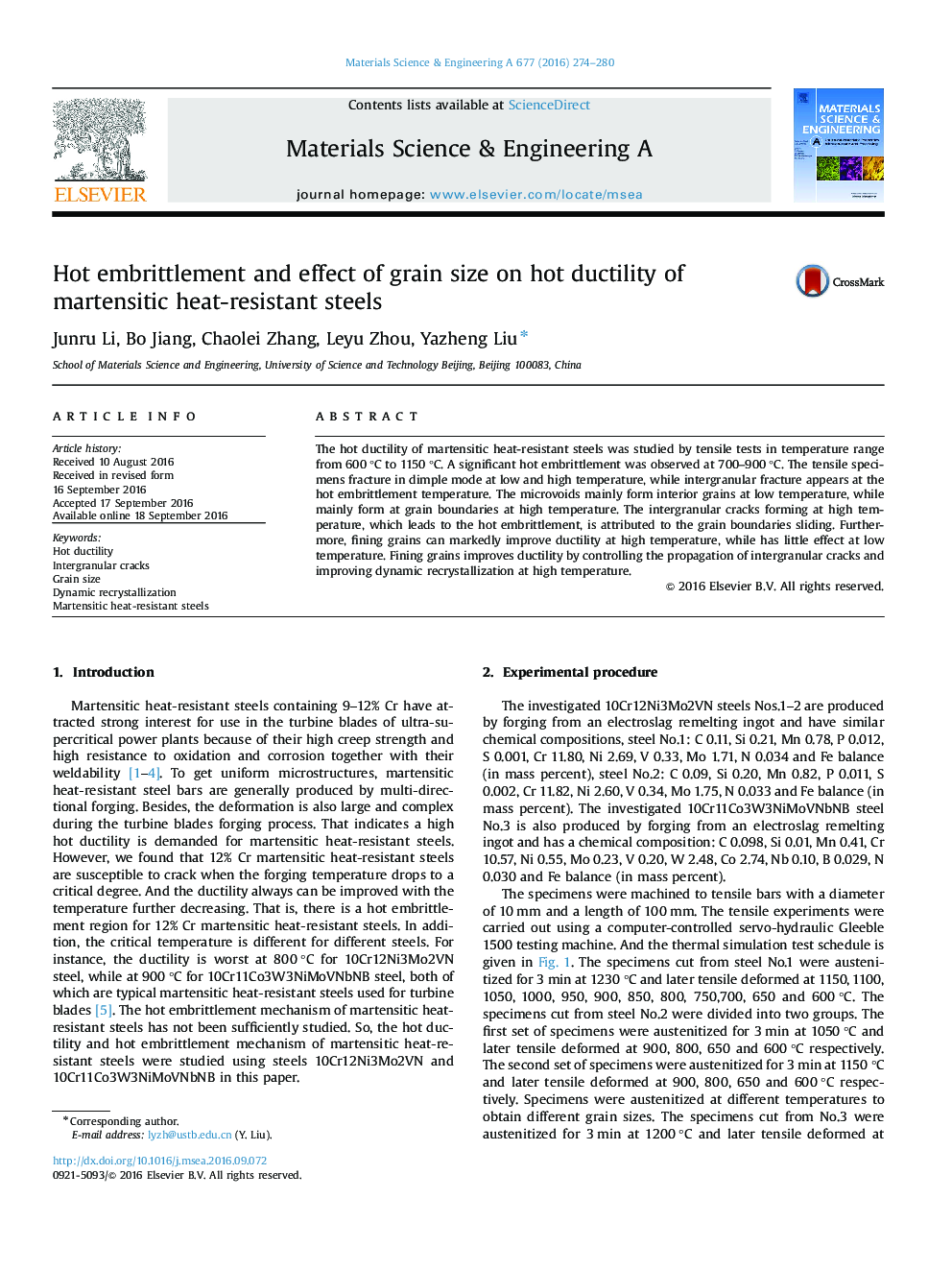 Hot embrittlement and effect of grain size on hot ductility of martensitic heat-resistant steels