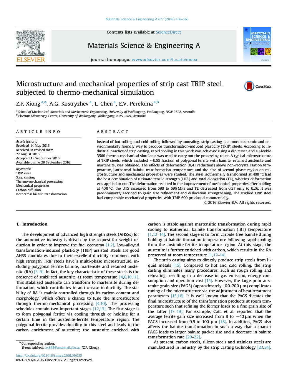 Microstructure and mechanical properties of strip cast TRIP steel subjected to thermo-mechanical simulation