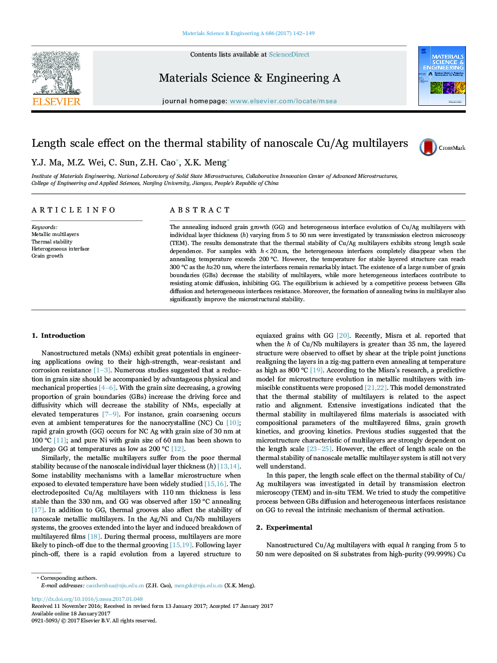 Length scale effect on the thermal stability of nanoscale Cu/Ag multilayers