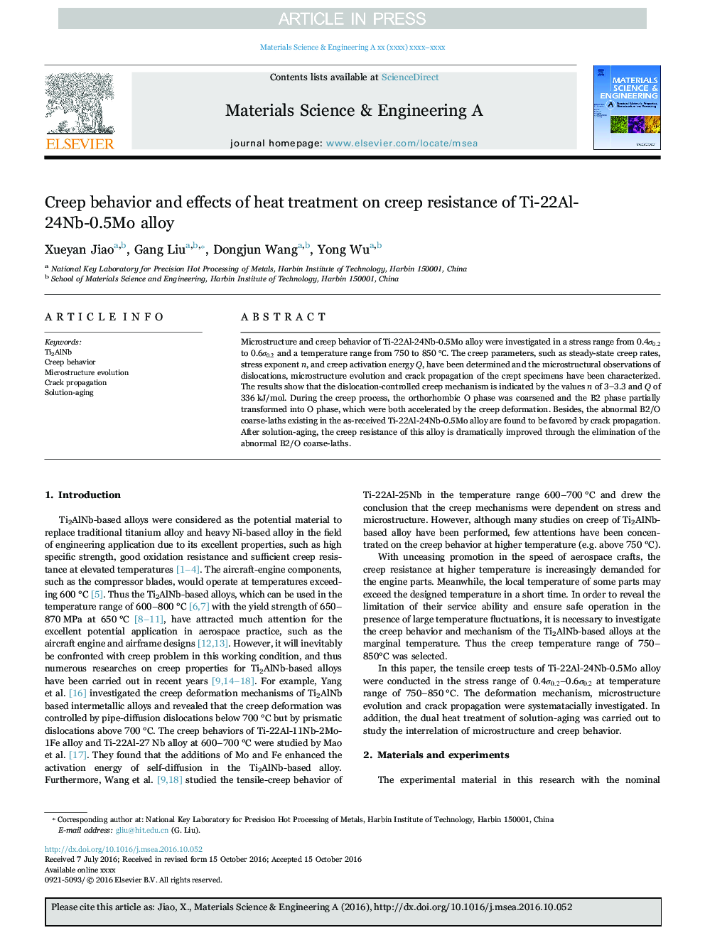 Creep behavior and effects of heat treatment on creep resistance of Ti-22Al-24Nb-0.5Mo alloy