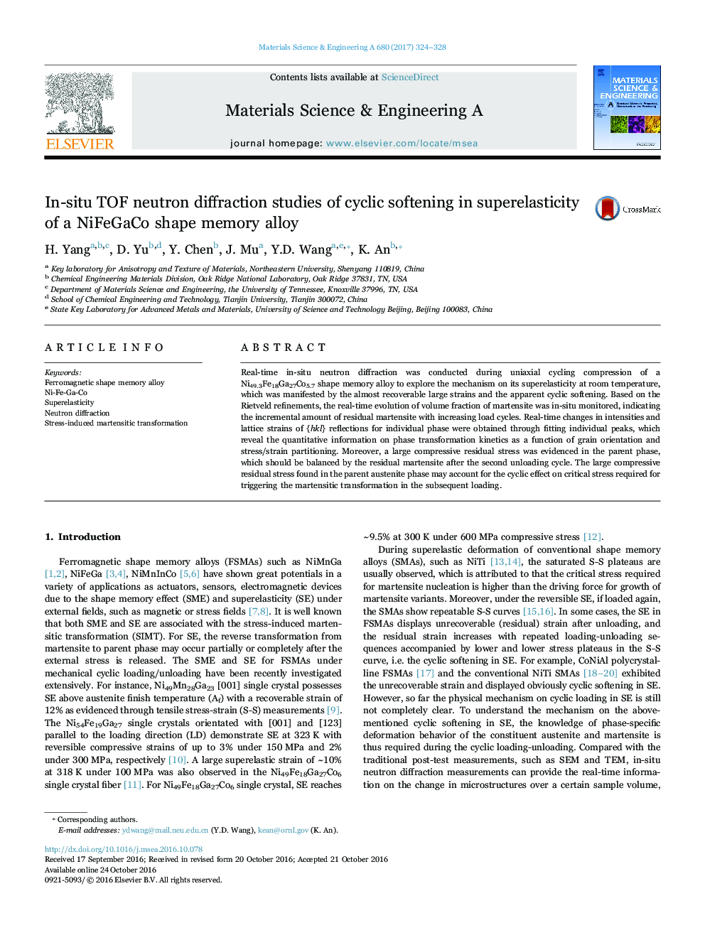 In-situ TOF neutron diffraction studies of cyclic softening in superelasticity of a NiFeGaCo shape memory alloy