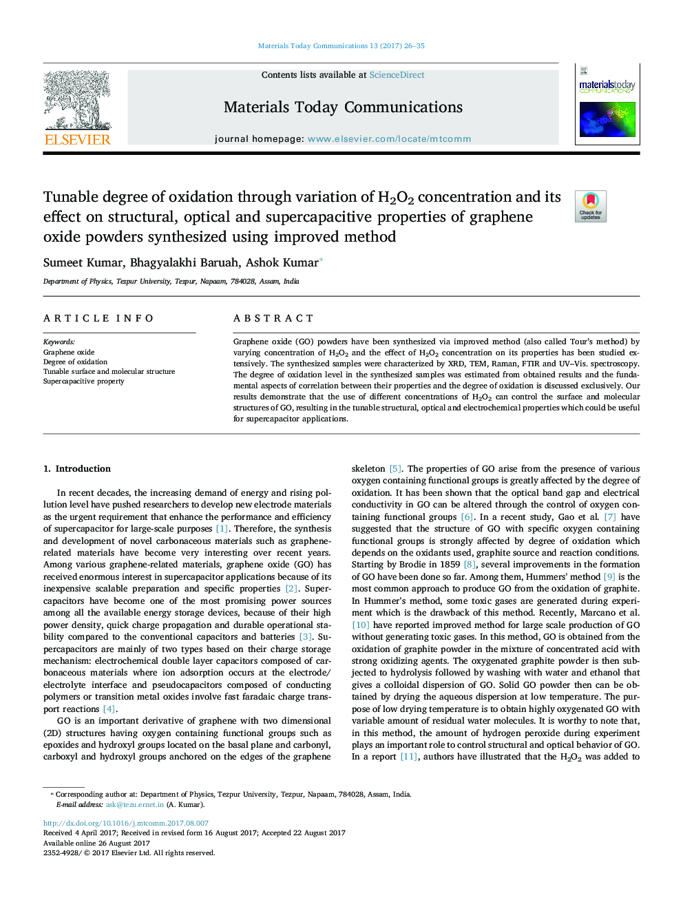 Tunable degree of oxidation through variation of H2O2 concentration and its effect on structural, optical and supercapacitive properties of graphene oxide powders synthesized using improved method