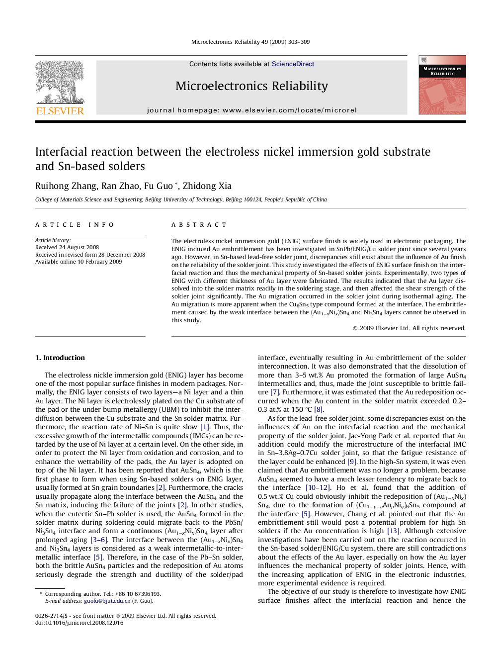 عکس صفحه اول مقاله: Interfacial reaction between the electroless nickel immersion gold substrate and Sn-based solders Interfacial reaction between the electroless nickel immersion gold substrate and Sn-based solders