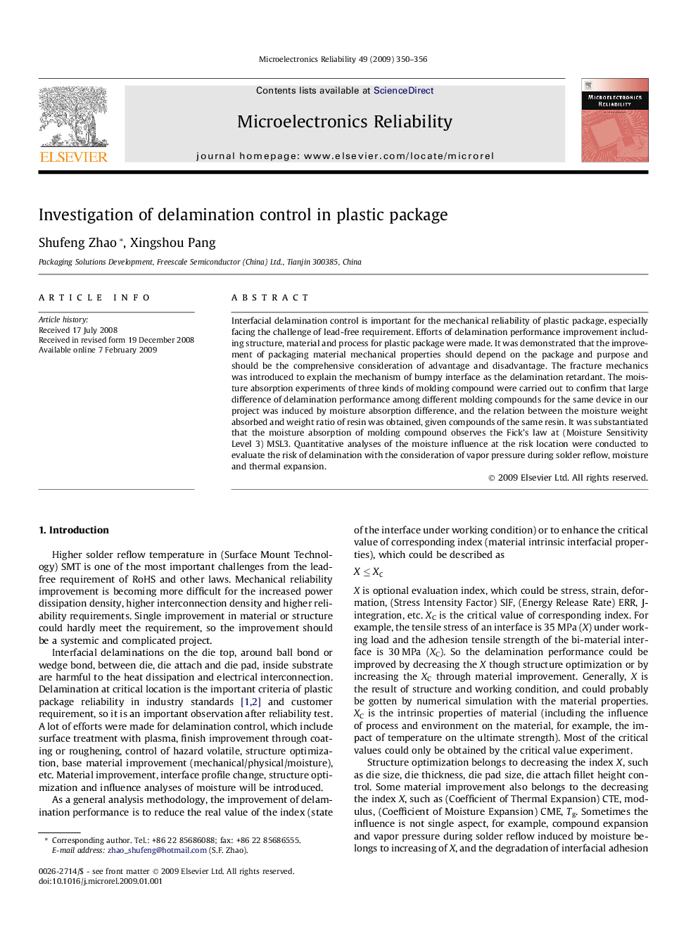 عکس صفحه اول مقاله: Investigation of delamination control in plastic package Investigation of delamination control in plastic package