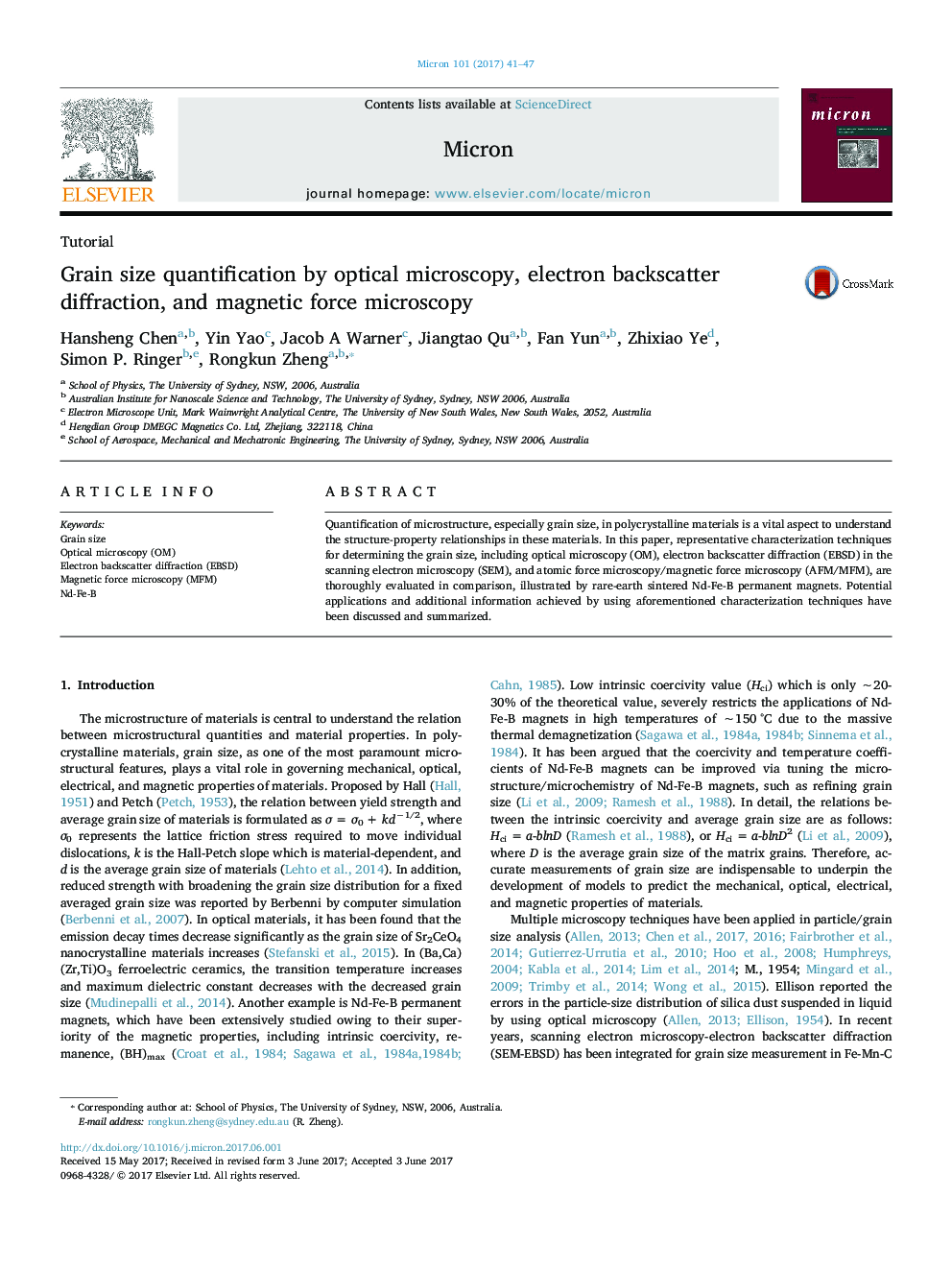 Grain size quantification by optical microscopy, electron backscatter diffraction, and magnetic force microscopy