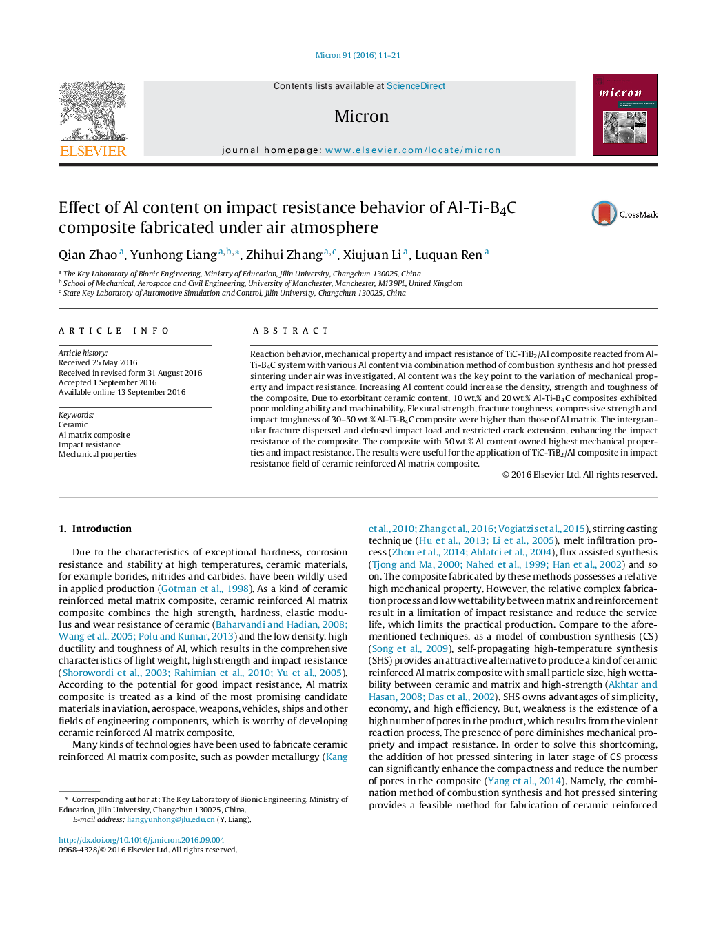 Effect of Al content on impact resistance behavior of Al-Ti-B4C composite fabricated under air atmosphere