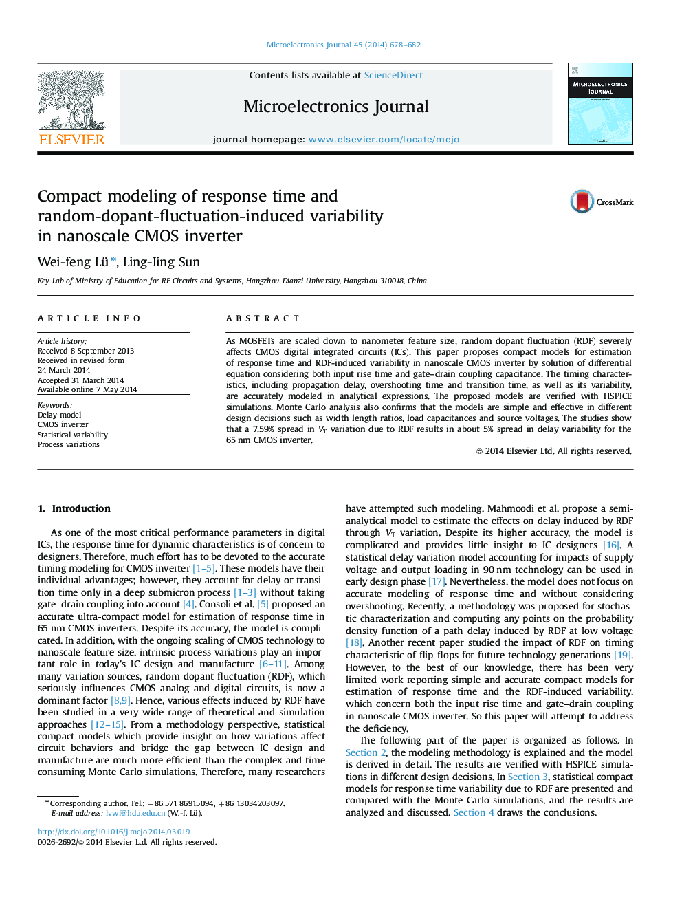 Compact modeling of response time and random-dopant-fluctuation-induced variability in nanoscale CMOS inverter