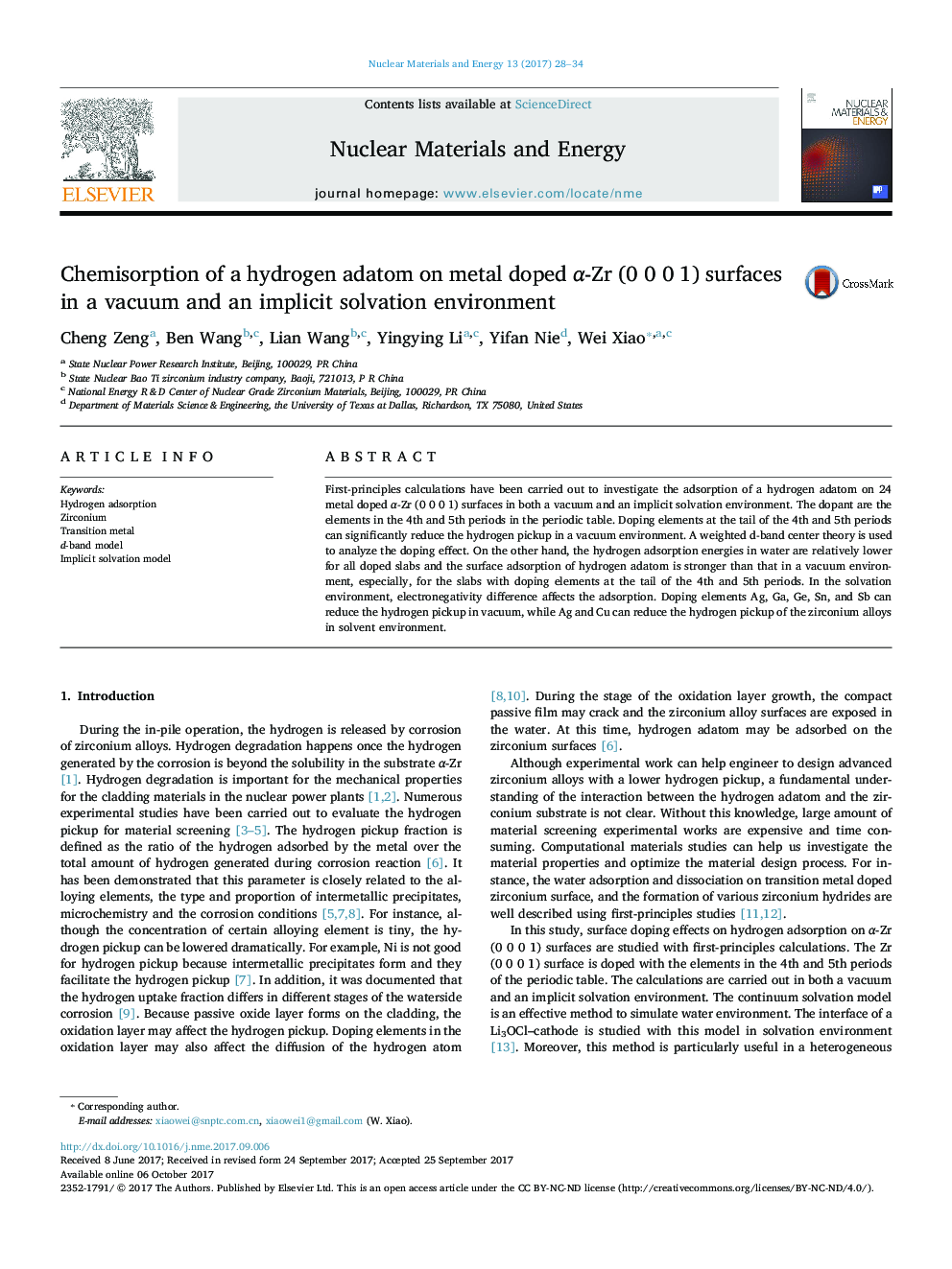 Chemisorption of a hydrogen adatom on metal doped Î±-Zr (0Â 0Â 0Â 1) surfaces in a vacuum and an implicit solvation environment