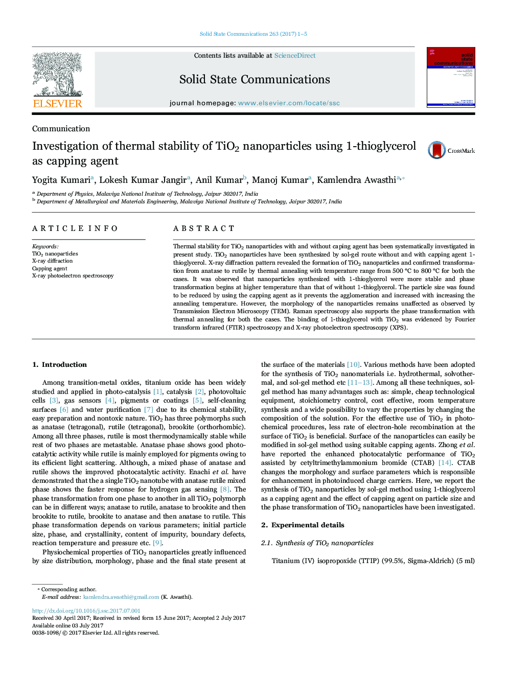 Investigation of thermal stability of TiO2 nanoparticles using 1-thioglycerol as capping agent