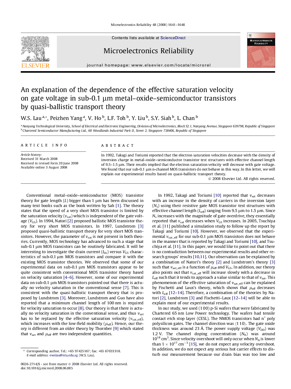 عکس صفحه اول مقاله: An explanation of the dependence of the effective saturation velocity on gate voltage in sub-0.1 μm metal-oxide-semiconductor transistors by quasi-ballistic transport theory An explanation of the dependence of the effective saturation velocity on gate voltage in sub-0.1 μm metal-oxide-semiconductor transistors by quasi-ballistic transport theory
