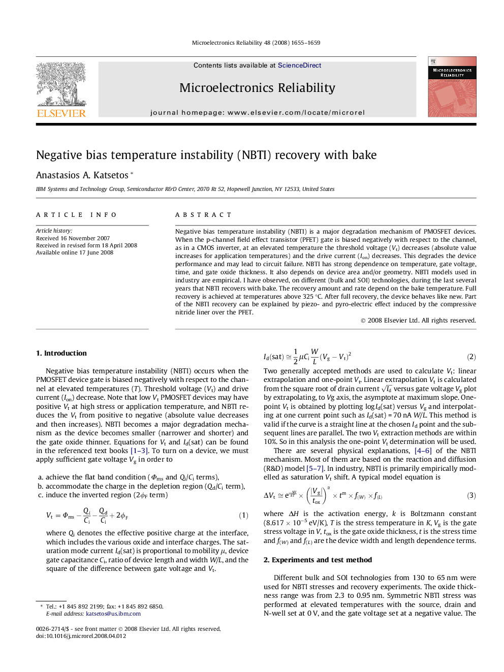 عکس صفحه اول مقاله: Negative bias temperature instability (NBTI) recovery with bake Negative bias temperature instability (NBTI) recovery with bake