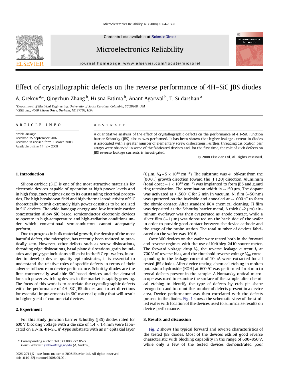 عکس صفحه اول مقاله: Effect of crystallographic defects on the reverse performance of 4H–SiC JBS diodes Effect of crystallographic defects on the reverse performance of 4H–SiC JBS diodes