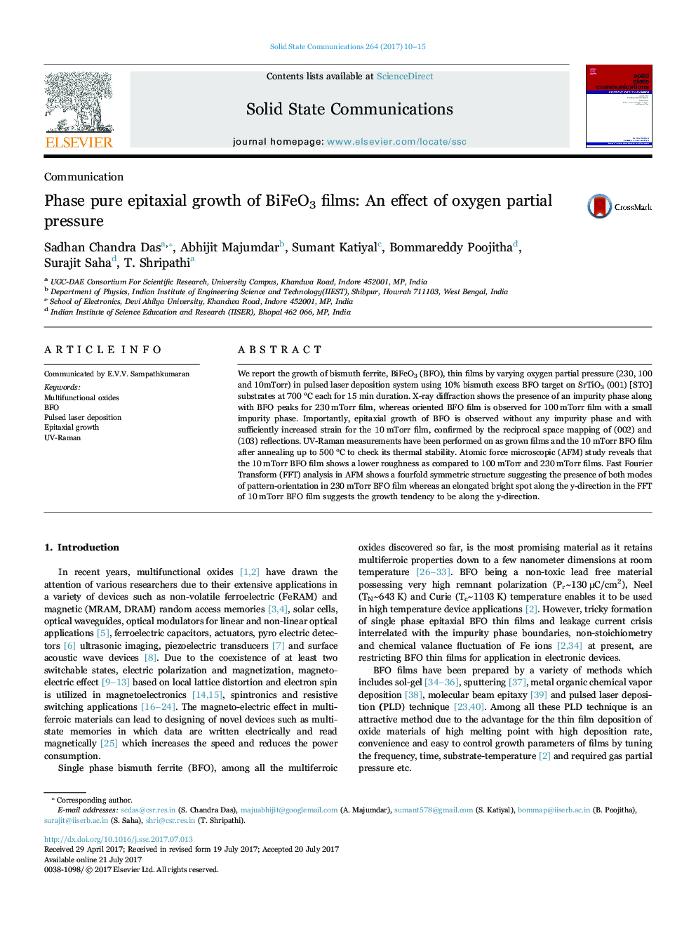 CommunicationPhase pure epitaxial growth of BiFeO3 films: An effect of oxygen partial pressure