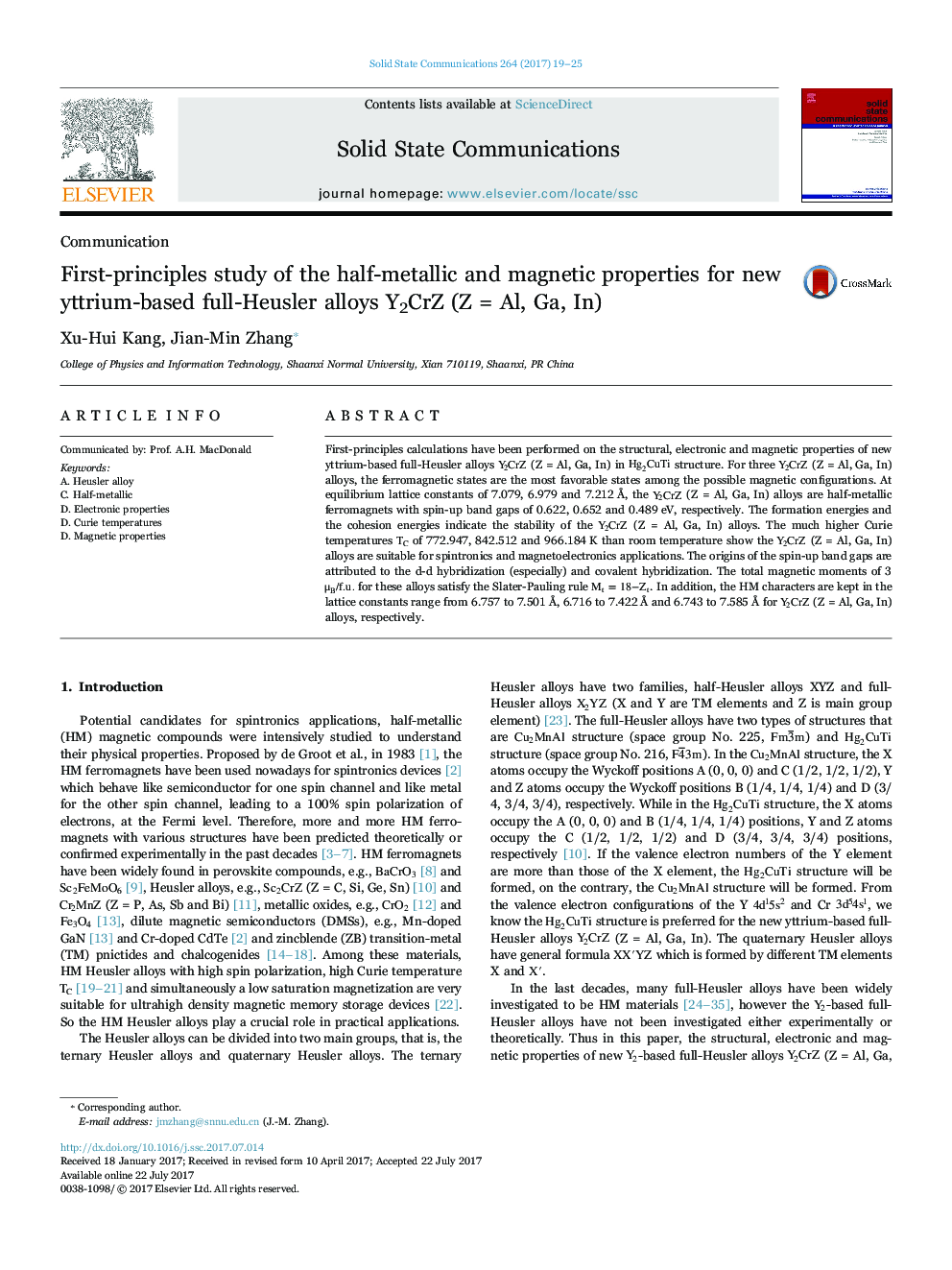 First-principles study of the half-metallic and magnetic properties for new yttrium-based full-Heusler alloys Y2CrZ (Z = Al, Ga, In)