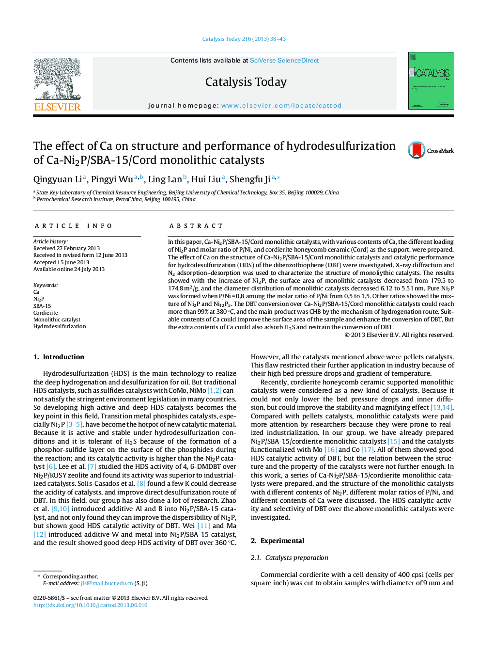 The effect of Ca on structure and performance of hydrodesulfurization of Ca-Ni2P/SBA-15/Cord monolithic catalysts