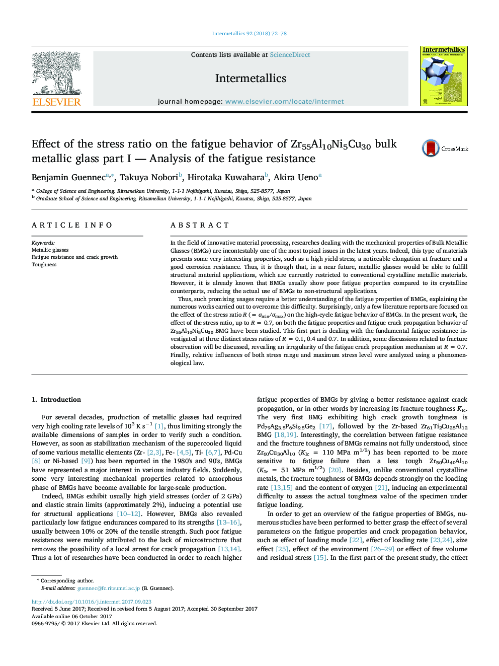 Effect of the stress ratio on the fatigue behavior of Zr55Al10Ni5Cu30 bulk metallic glass part I - Analysis of the fatigue resistance