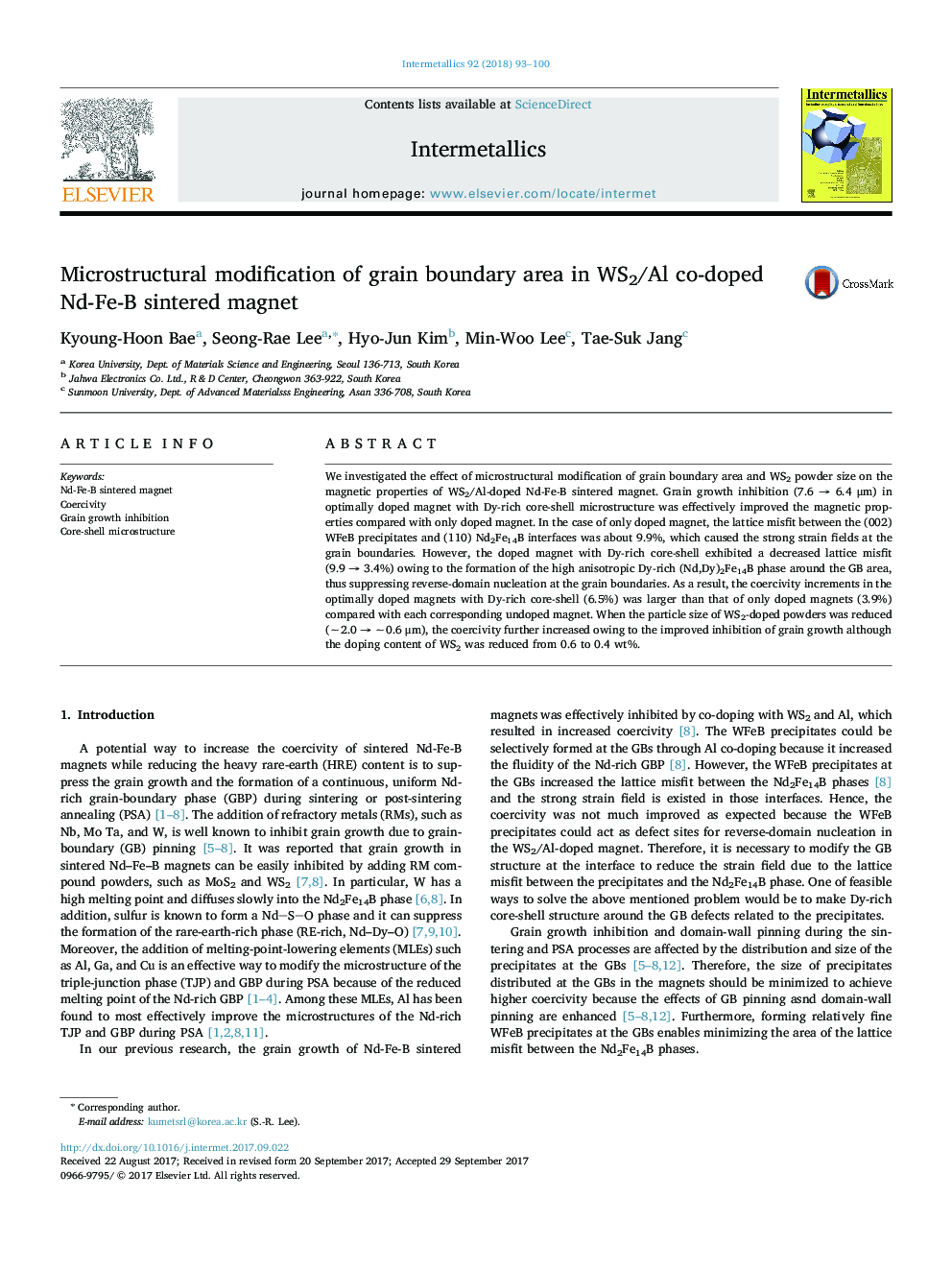 Microstructural modification of grain boundary area in WS2/Al co-doped Nd-Fe-B sintered magnet