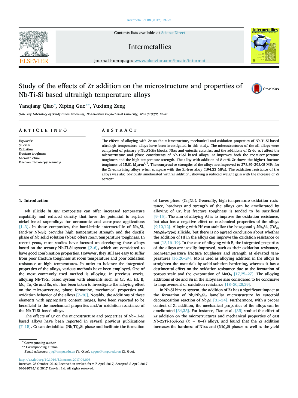 Study of the effects of Zr addition on the microstructure and properties of Nb-Ti-Si based ultrahigh temperature alloys