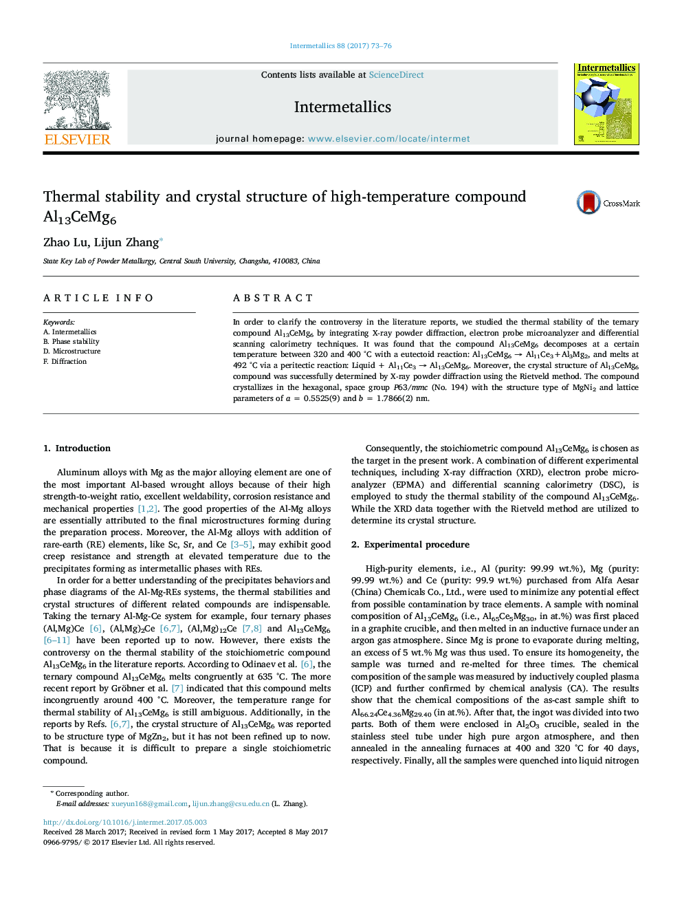 Thermal stability and crystal structure of high-temperature compound Al13CeMg6