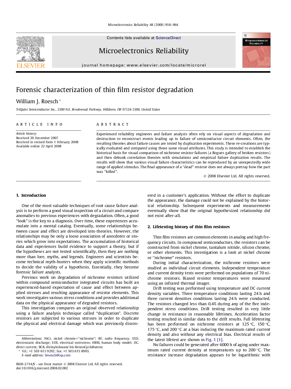 Forensic characterization of thin film resistor degradation