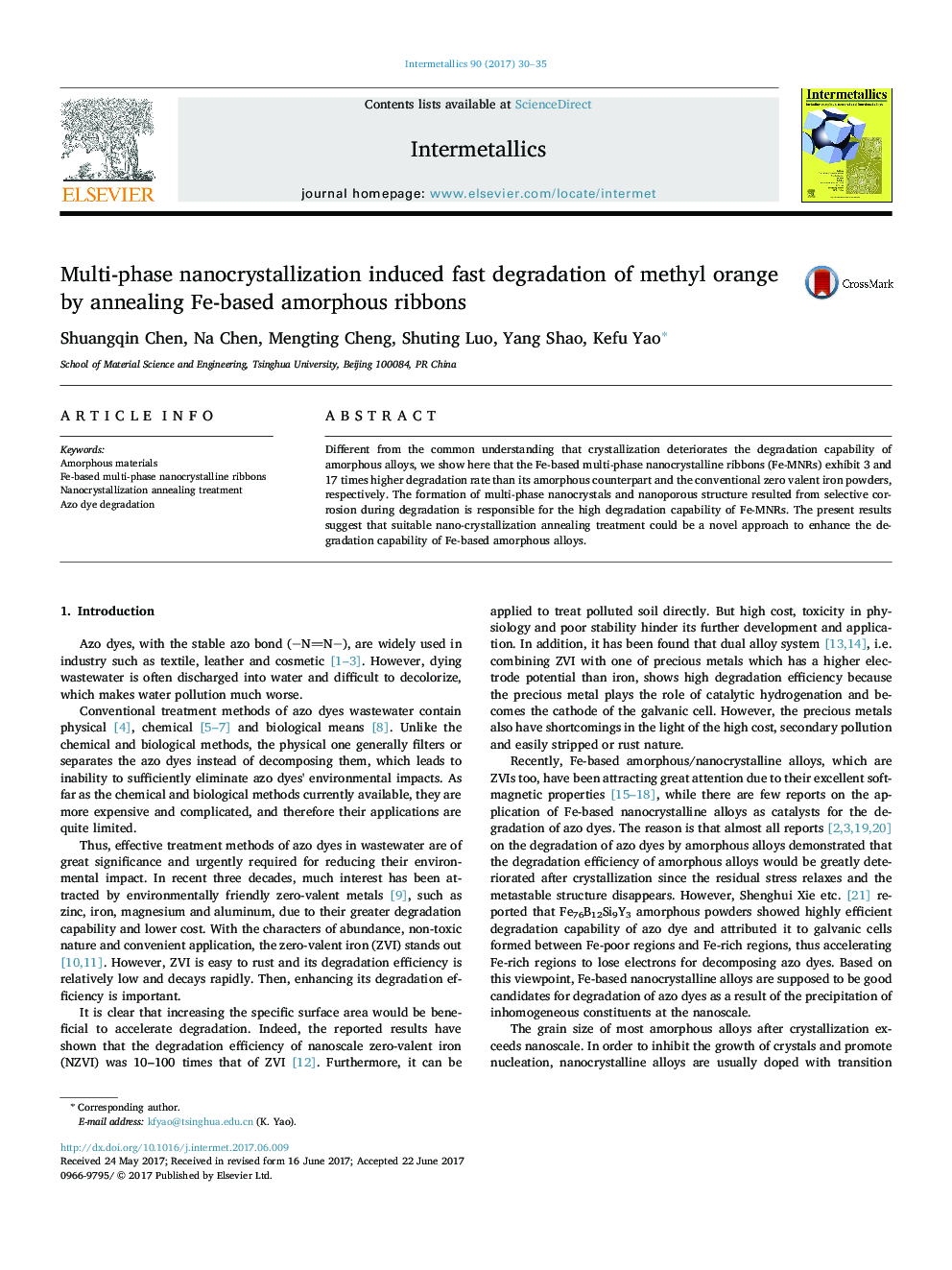 Multi-phase nanocrystallization induced fast degradation of methyl orange by annealing Fe-based amorphous ribbons