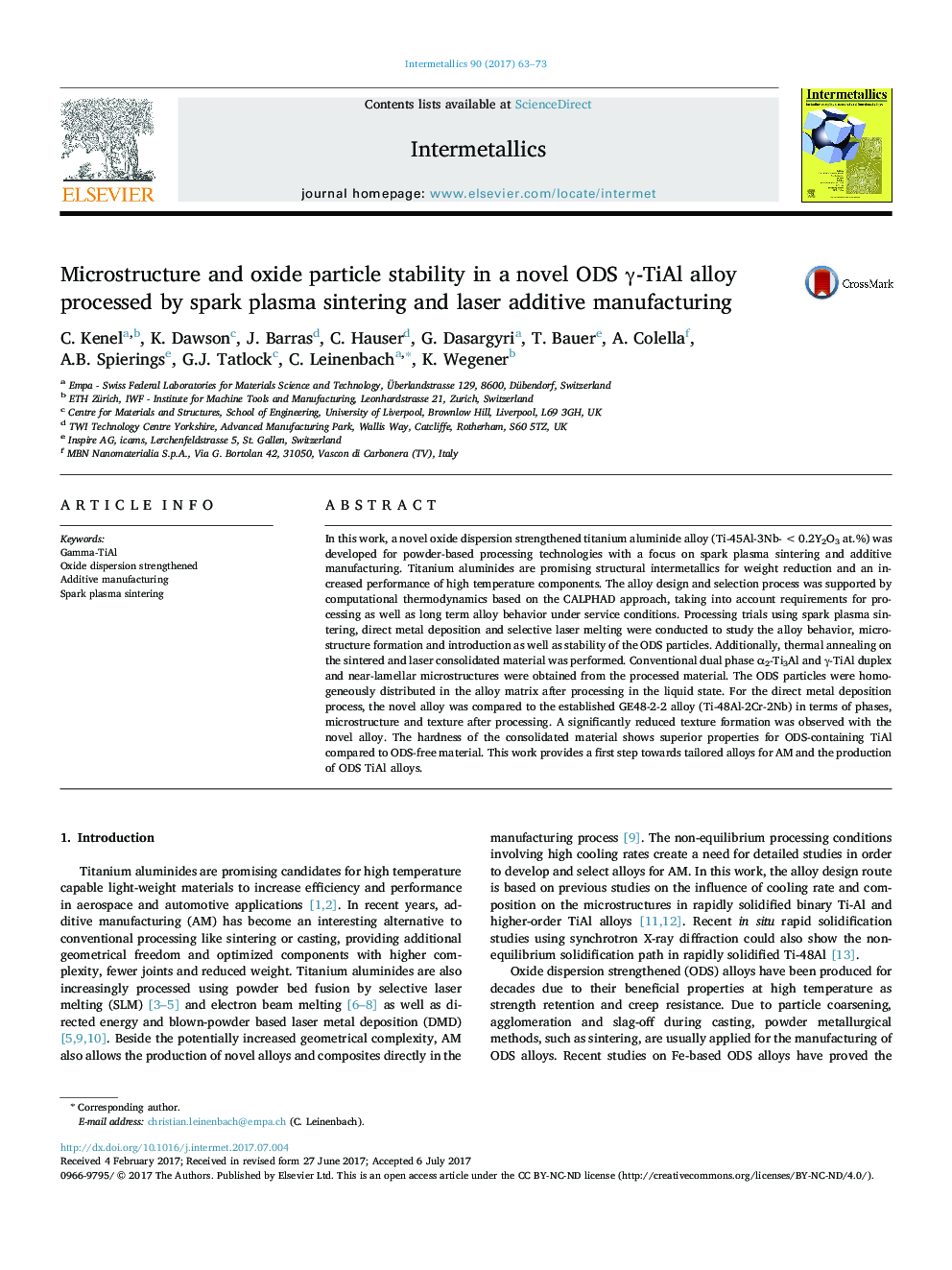 Microstructure and oxide particle stability in a novel ODS Î³-TiAl alloy processed by spark plasma sintering and laser additive manufacturing