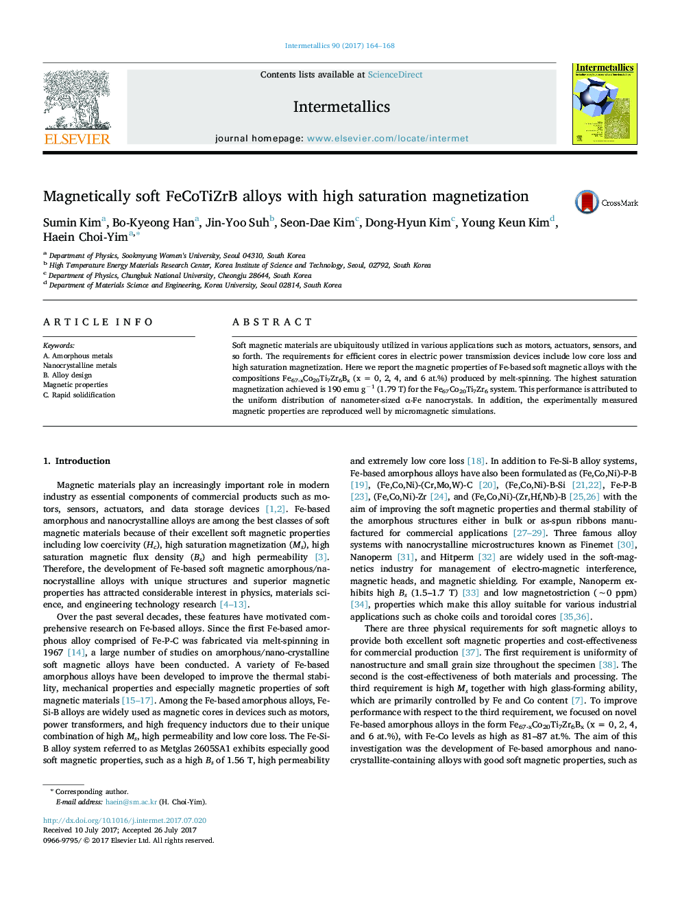 Magnetically soft FeCoTiZrB alloys with high saturation magnetization