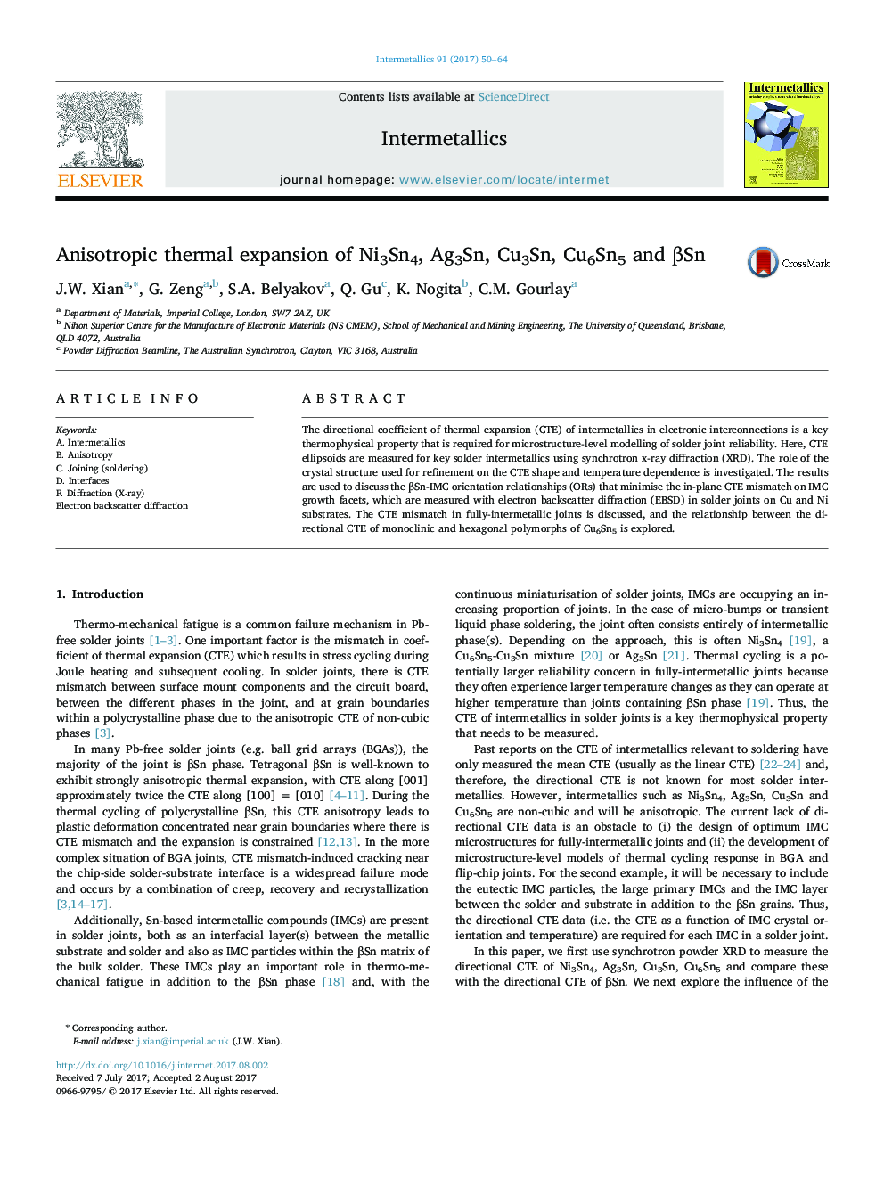 Anisotropic thermal expansion of Ni3Sn4, Ag3Sn, Cu3Sn, Cu6Sn5 and Î²Sn