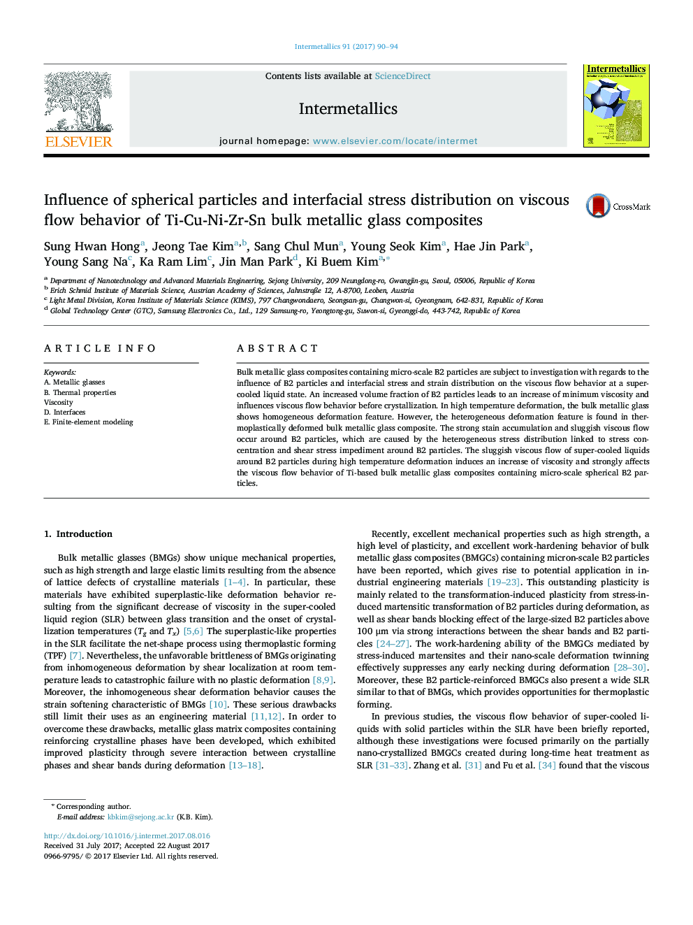 Influence of spherical particles and interfacial stress distribution on viscous flow behavior of TiâCuâNiâZrâSn bulk metallic glass composites