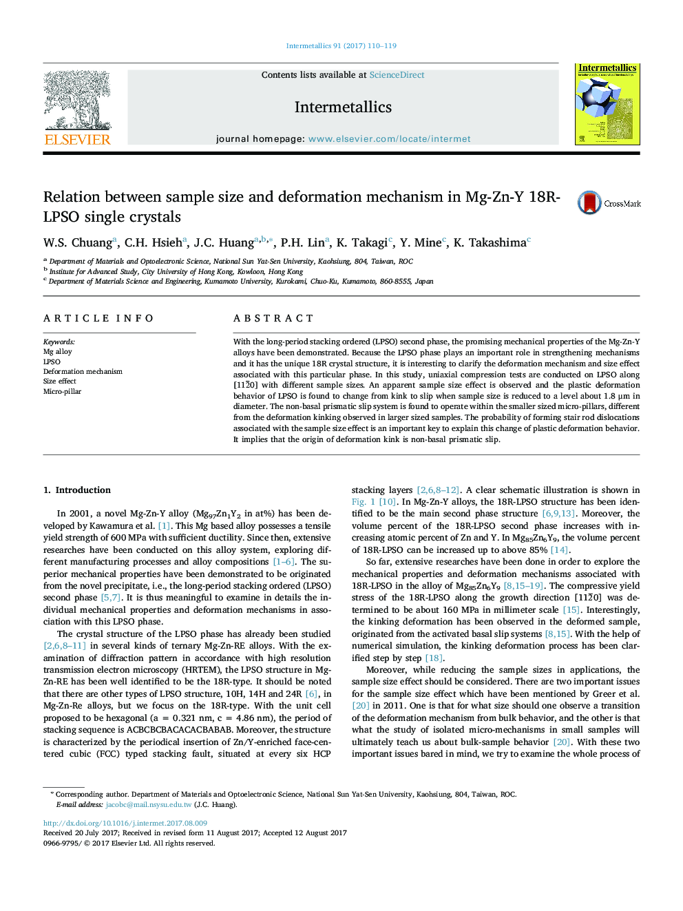 Relation between sample size and deformation mechanism in Mg-Zn-Y 18R-LPSO single crystals