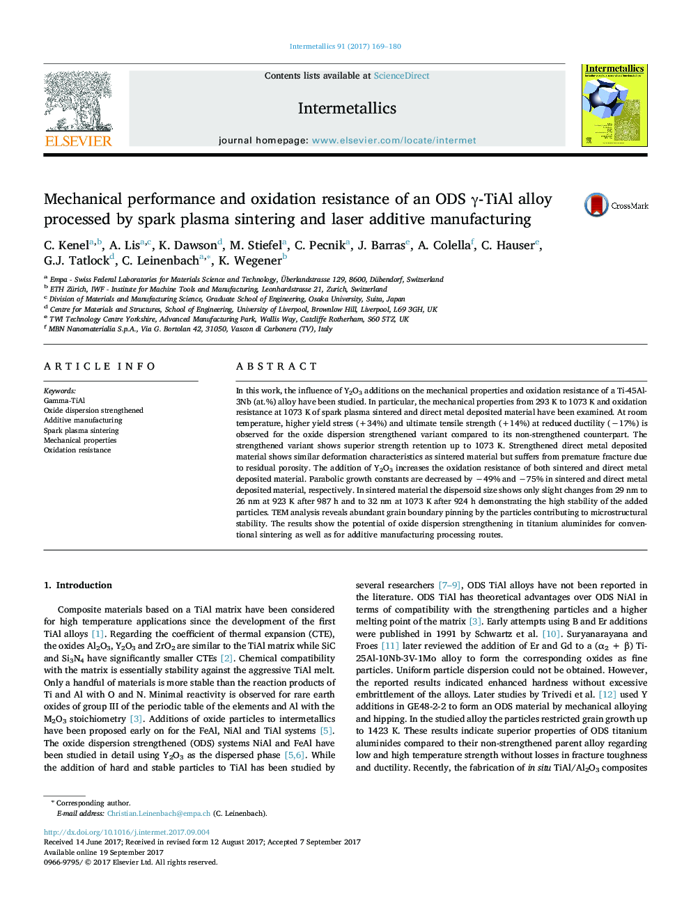 Mechanical performance and oxidation resistance of an ODS Î³-TiAl alloy processed by spark plasma sintering and laser additive manufacturing