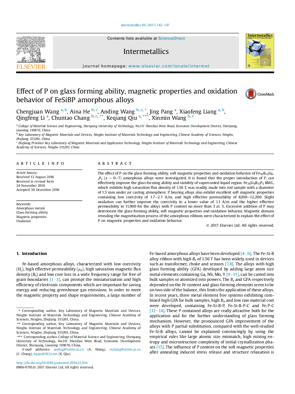 Effect of P on glass forming ability, magnetic properties and oxidation behavior of FeSiBP amorphous alloys