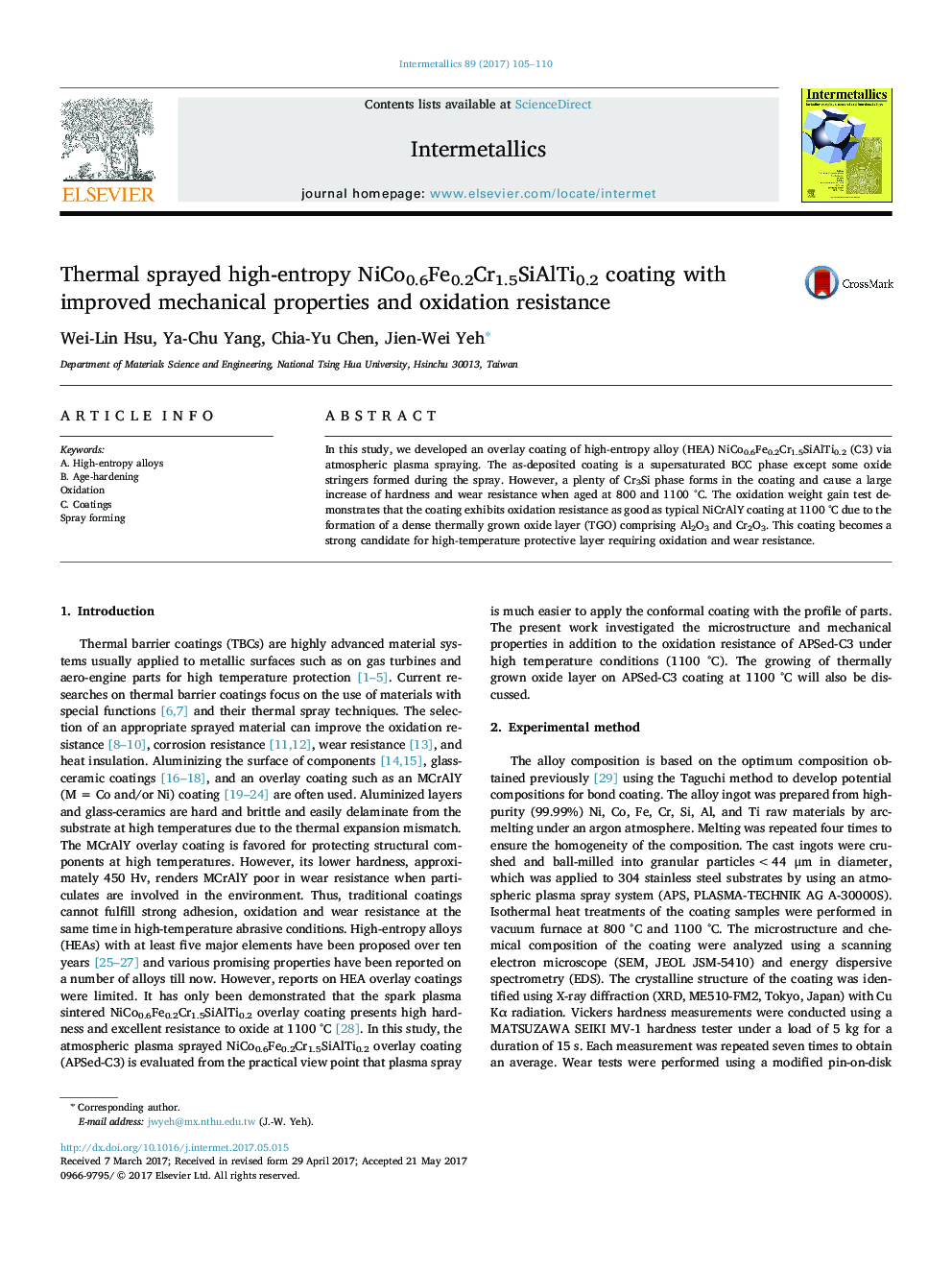 Thermal sprayed high-entropy NiCo0.6Fe0.2Cr1.5SiAlTi0.2 coating with improved mechanical properties and oxidation resistance