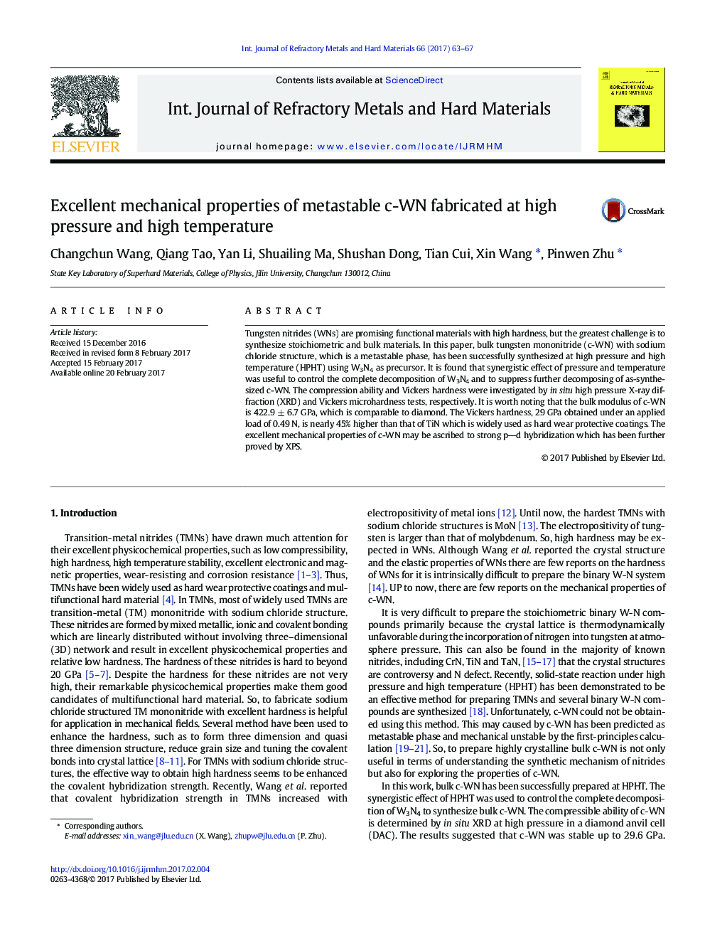 عکس صفحه اول مقاله: Excellent mechanical properties of metastable c-WN fabricated at high pressure and high temperature Excellent mechanical properties of metastable c-WN fabricated at high pressure and high temperature