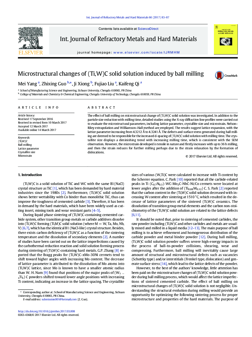 Microstructural changes of (Ti,W)C solid solution induced by ball milling