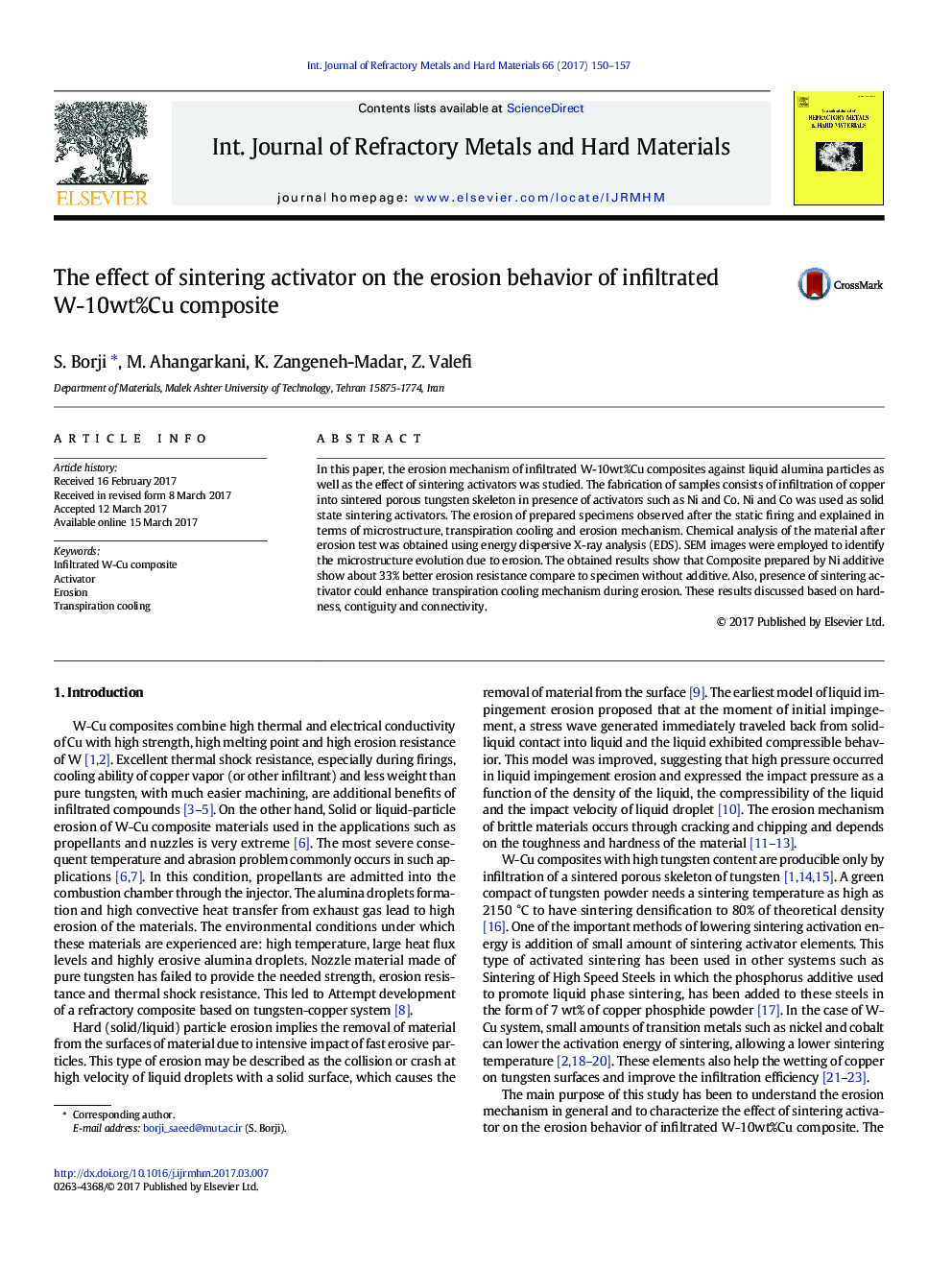 The effect of sintering activator on the erosion behavior of infiltrated W-10wt%Cu composite