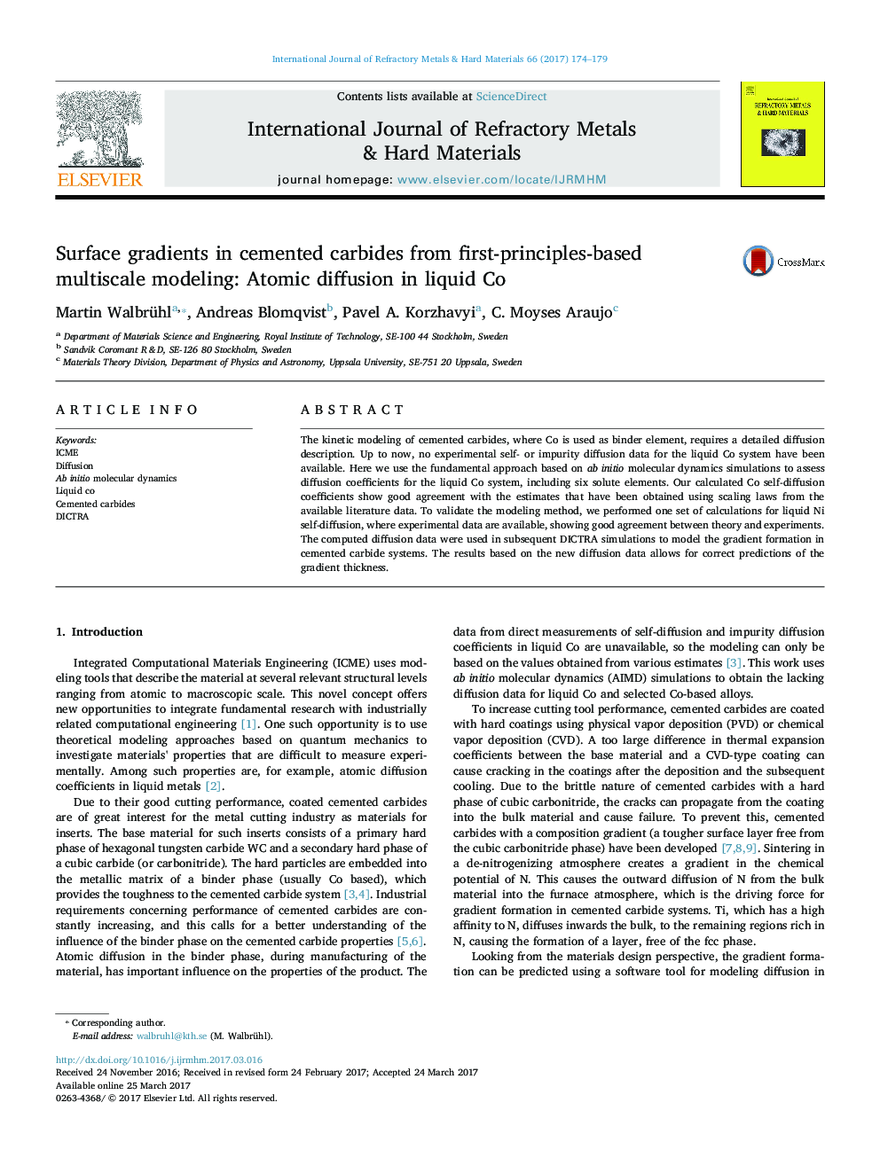 Surface gradients in cemented carbides from first-principles-based multiscale modeling: Atomic diffusion in liquid Co