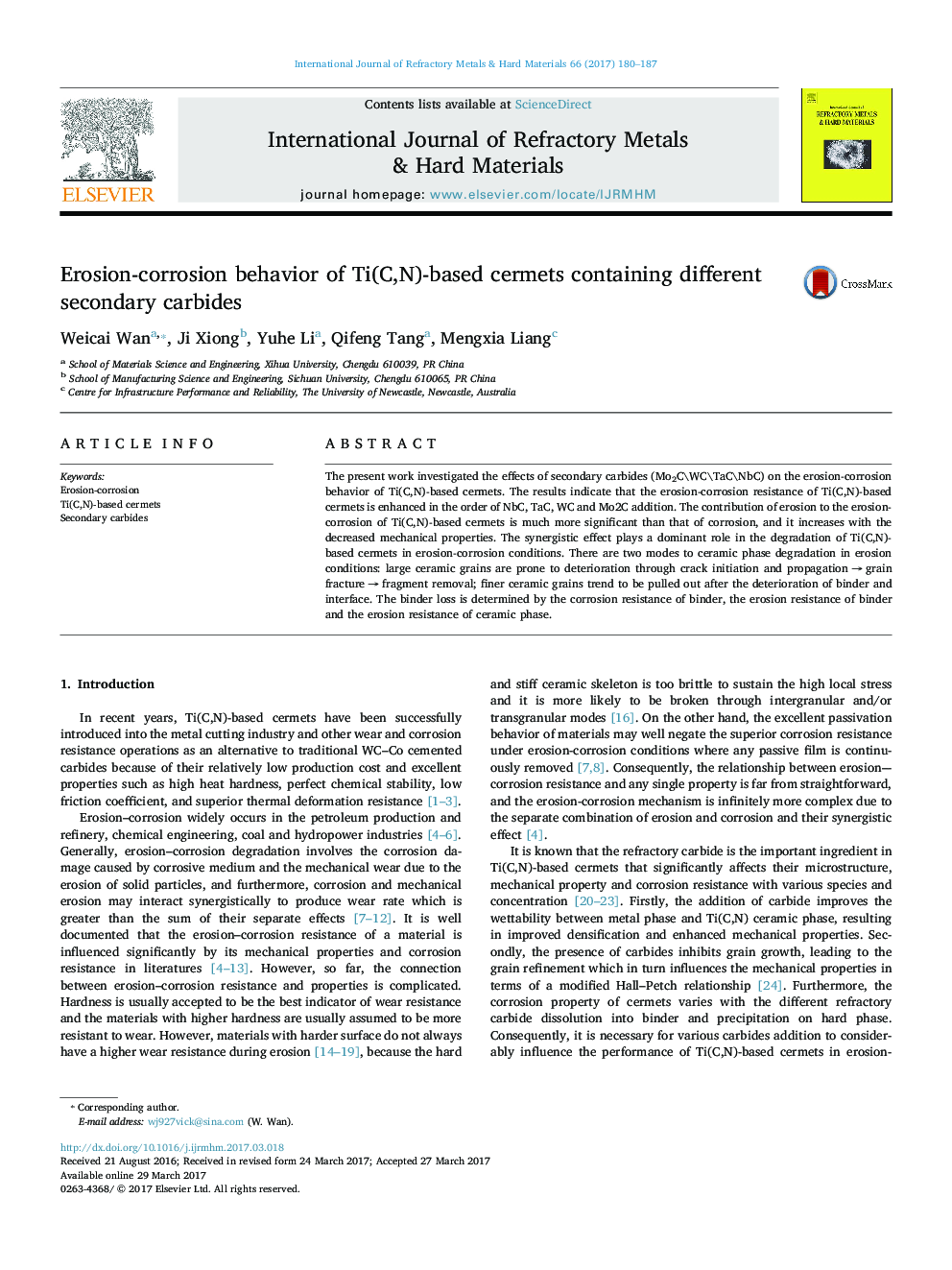 عکس صفحه اول مقاله: Erosion-corrosion behavior of Ti(C,N)-based cermets containing different secondary carbides Erosion-corrosion behavior of Ti(C,N)-based cermets containing different secondary carbides