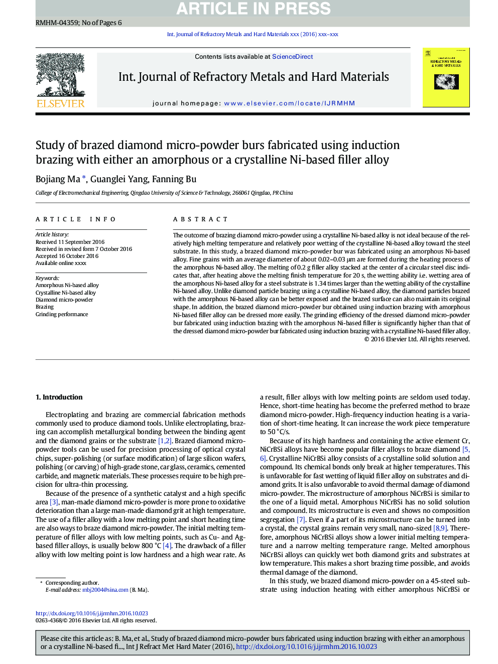 Study of brazed diamond micro-powder burs fabricated using induction brazing with either an amorphous or a crystalline Ni-based filler alloy