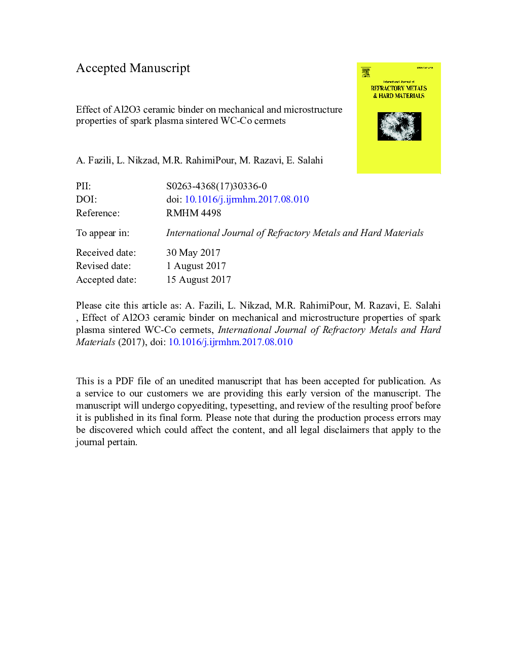 Effect of Al2O3 ceramic binder on mechanical and microstructure properties of spark plasma sintered WC-Co cermets